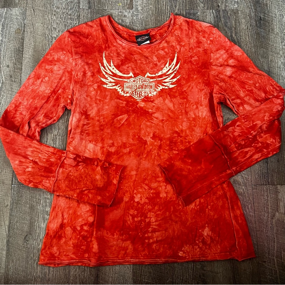 Y2K Harley Davidson Motorcycles Red Tie Dye Long Sleeve T-Shirt Sz X-Large